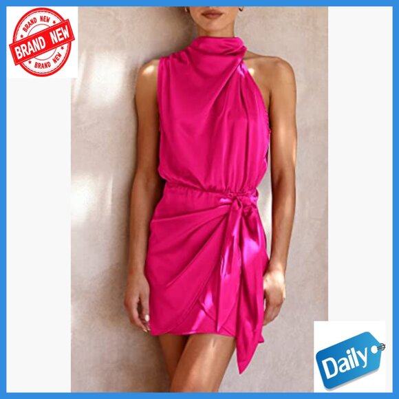 Satin Mini Dress Sleeveless Mock Neck Tie Waist Formal Cocktail Party - Picture 3 of 7